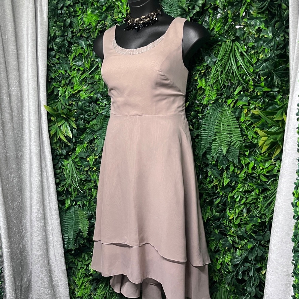 Formal Taupe Midi Dress 16‎ Sleeveless Fit Flare Layered Party Lace-Up Back 3117